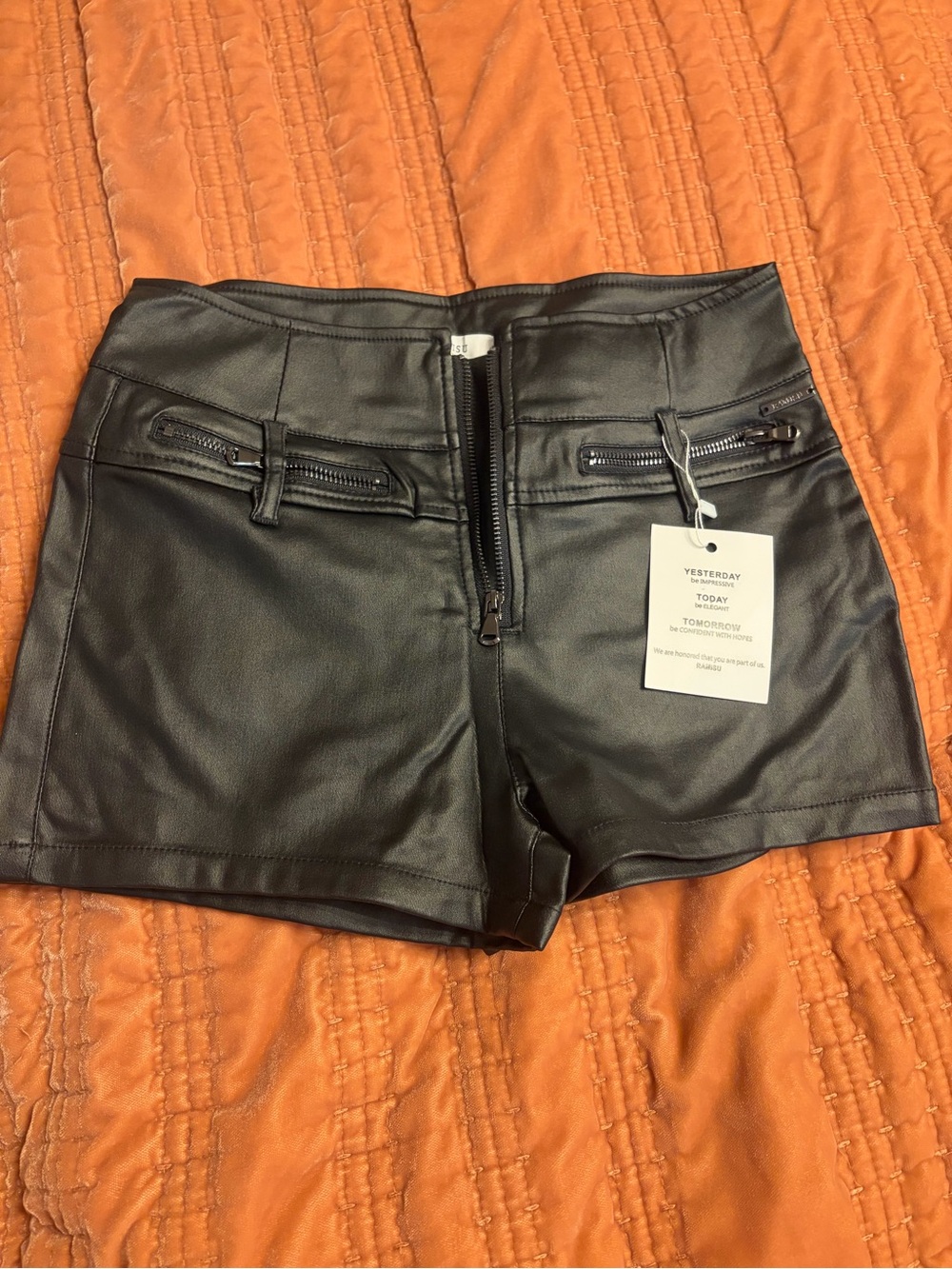 Ramisu Faux Leather Black Women’s Shorts with Front Zip